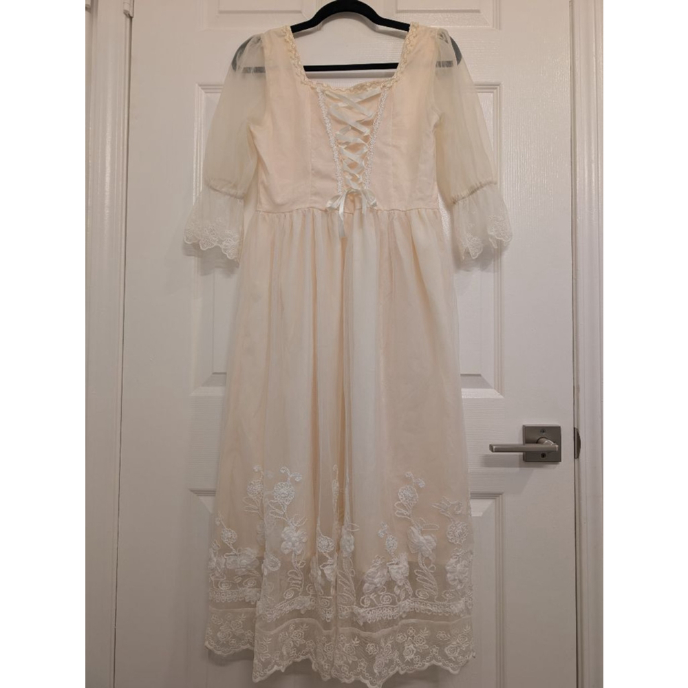 Vintage Style Cream Lace Midi Dress Cottagecore Coquette Milkmaid Corset L - Picture 7 of 10